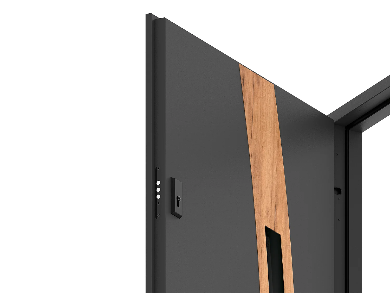 Glazed steel front door with stainless steel insets H207 x W100 cm - smoked glass - anthracite and oak effect - thickness 55 mm - right push - TROFA