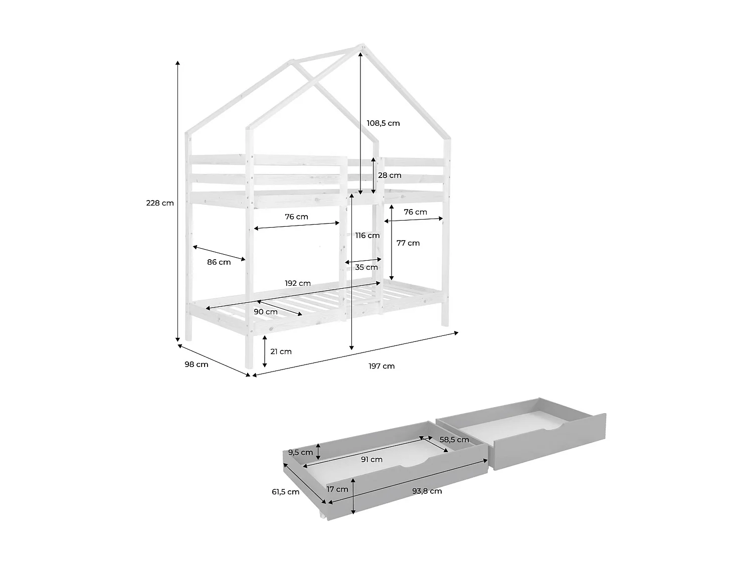Cama infantil 190cm litera cabaña pino natural somier de láminas y
