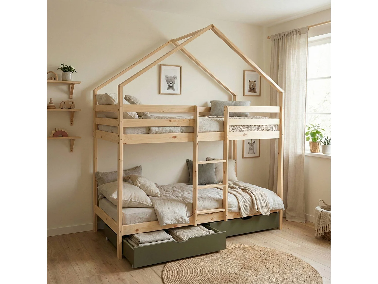 Litera infantil cabaña pino natural somier de láminas y cajones, 190cm