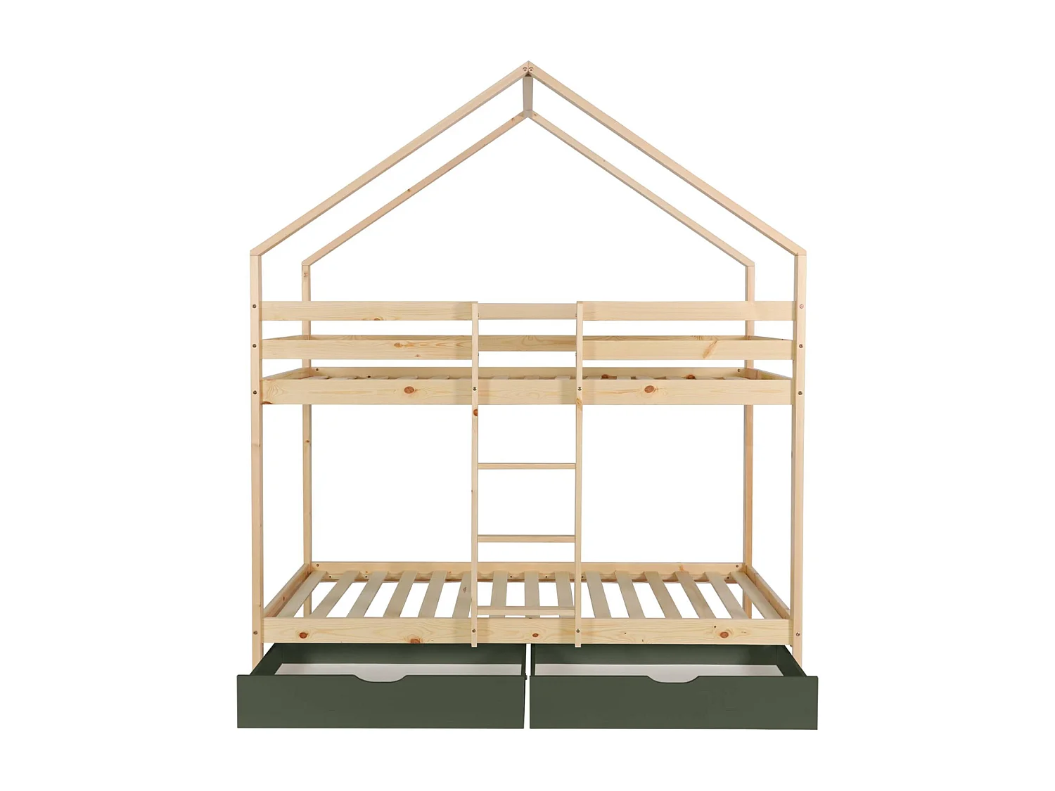 Litera infantil cabaña pino natural somier de láminas y cajones, 190cm