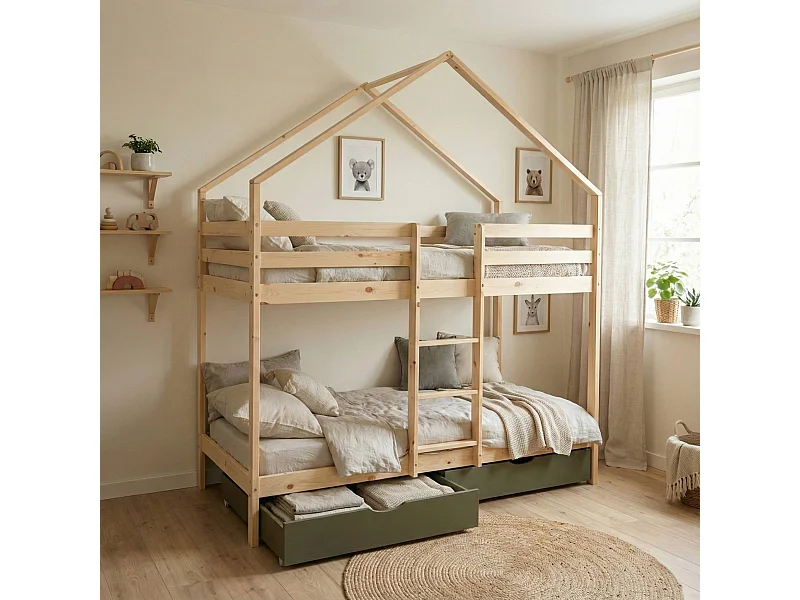 Litera infantil cabaña pino natural somier de láminas y cajones, 190cm