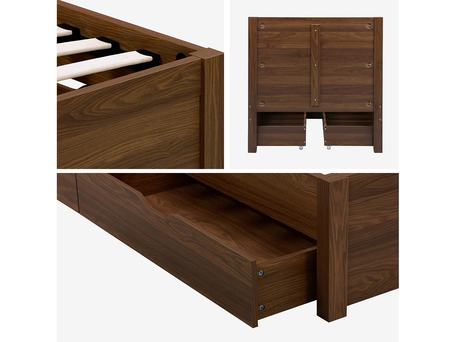 Cama con somier de láminas y cabecero, 90cm + 4 cajones decorativos de