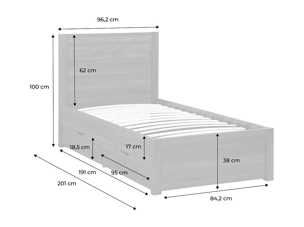 Cama con somier de láminas y cabecero, 90cm + 4 cajones decorativos de