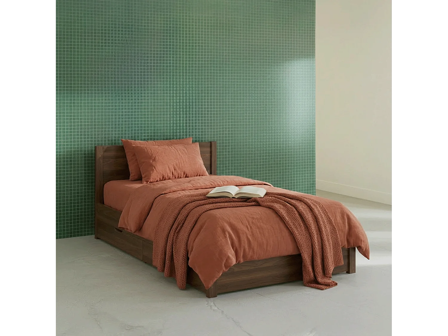 Cama con somier de láminas y cabecero, 90cm + 4 cajones decorativos de