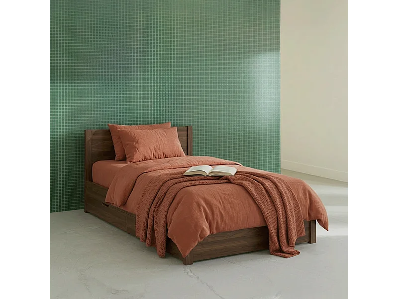 Cama con somier de láminas y cabecero, 90cm + 4 cajones decorativos de