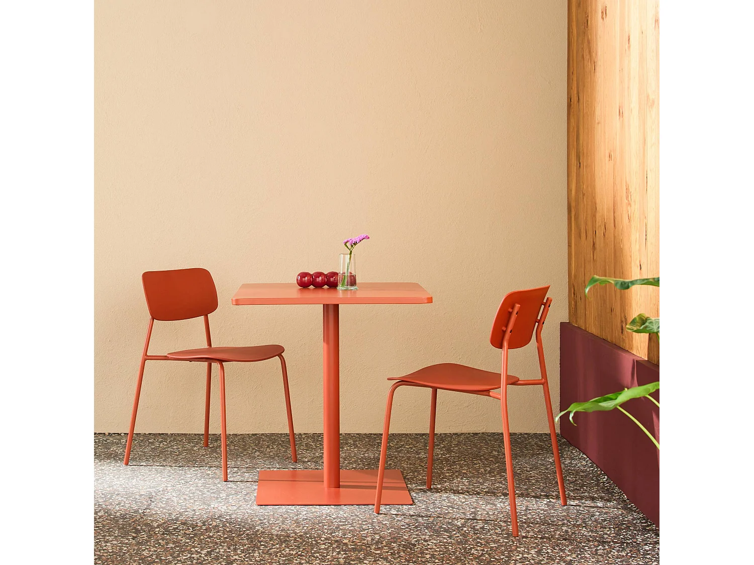 Table de jardin bistrot carré acier + 2 assises 70 cm terracotta - Orea + Liva