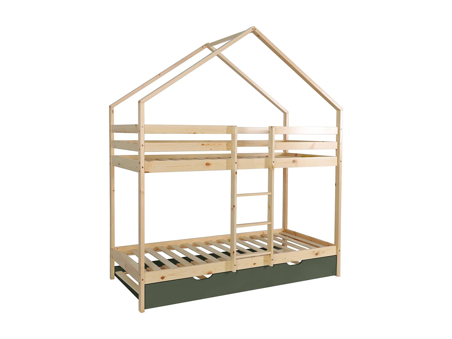 Litera infantil 190cm en pino natural estilo cabaña con somier y cajón