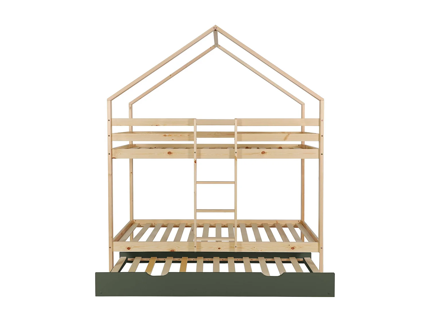 Litera infantil 190cm en pino natural estilo cabaña con somier y cajón