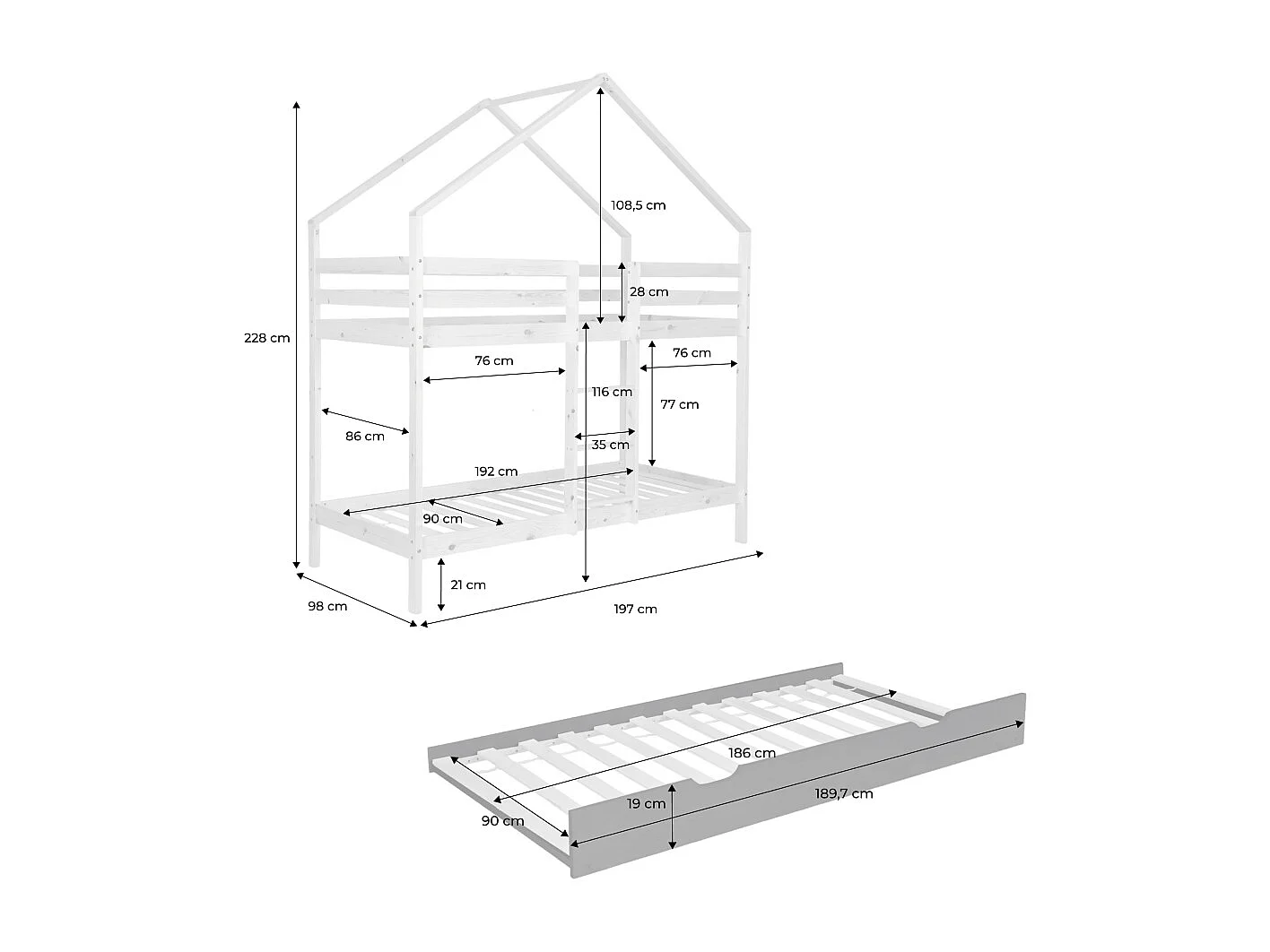 Litera infantil 190cm en pino natural estilo cabaña con somier y cajón