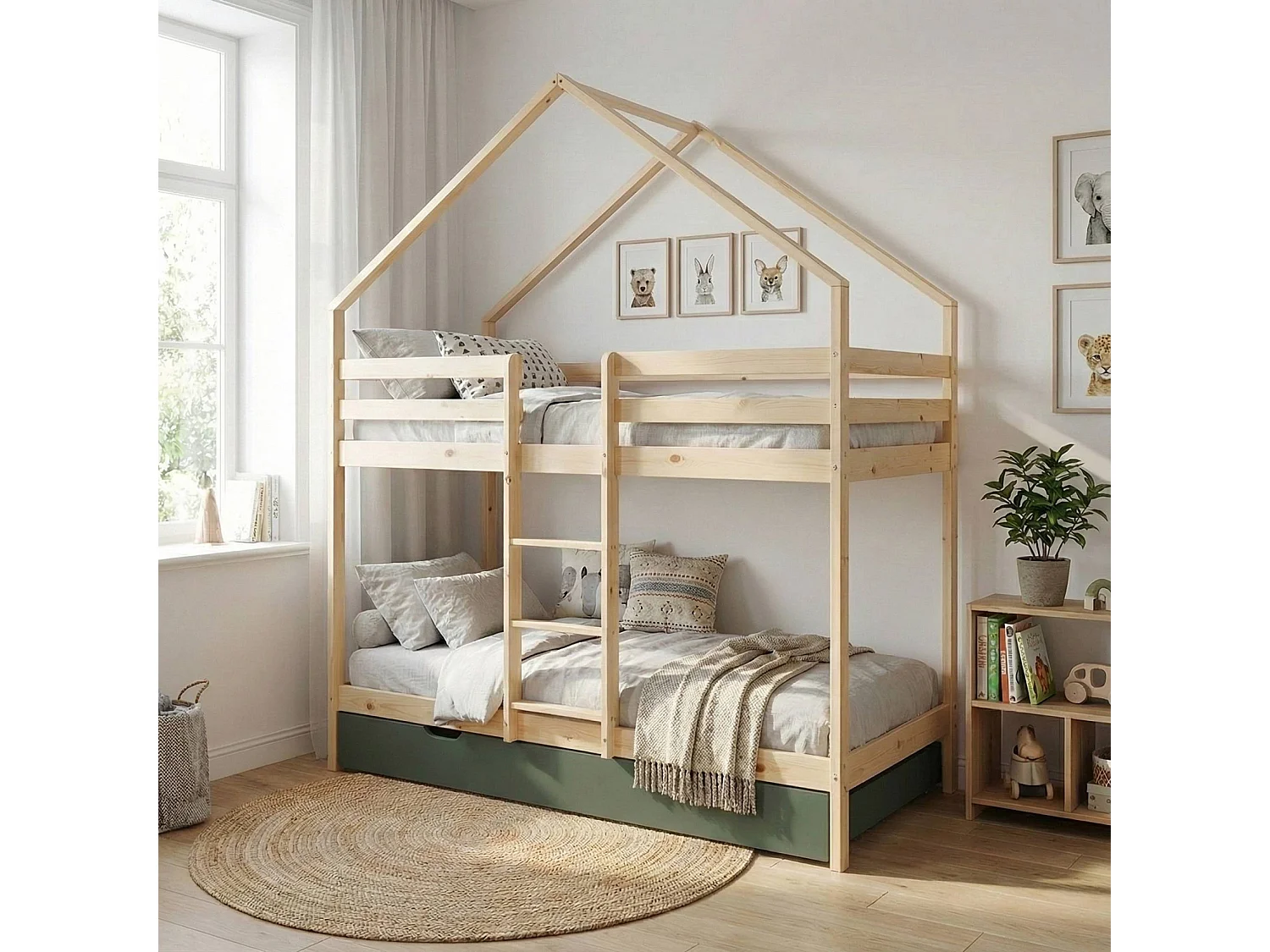 Litera infantil 190cm en pino natural estilo cabaña con somier y cajón