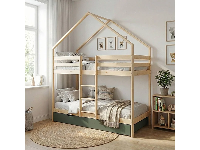 Litera infantil 190cm en pino natural estilo cabaña con somier y cajón