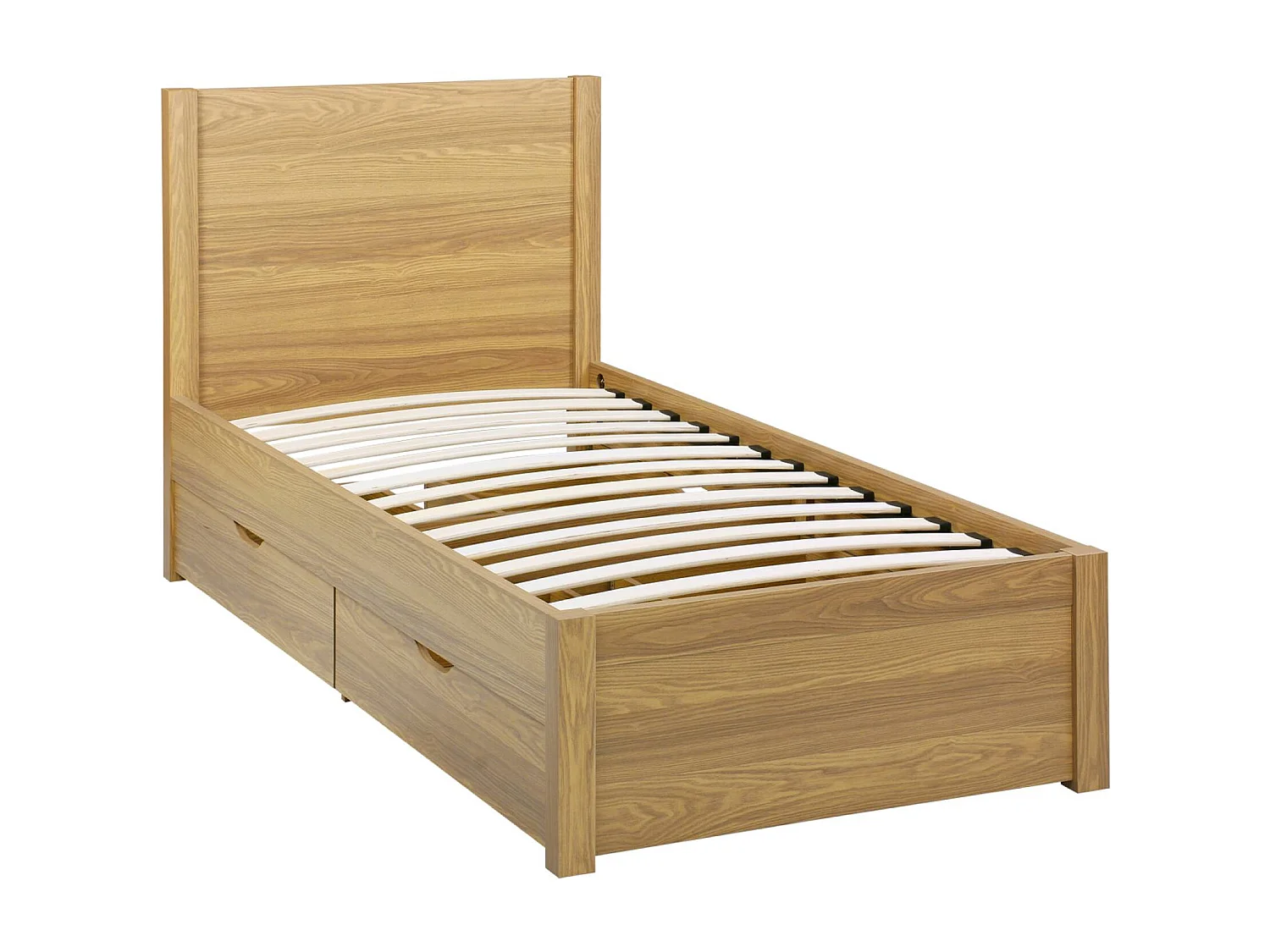 Cama con somier de láminas y cabecero, 90cm + 4 cajones decorativos de