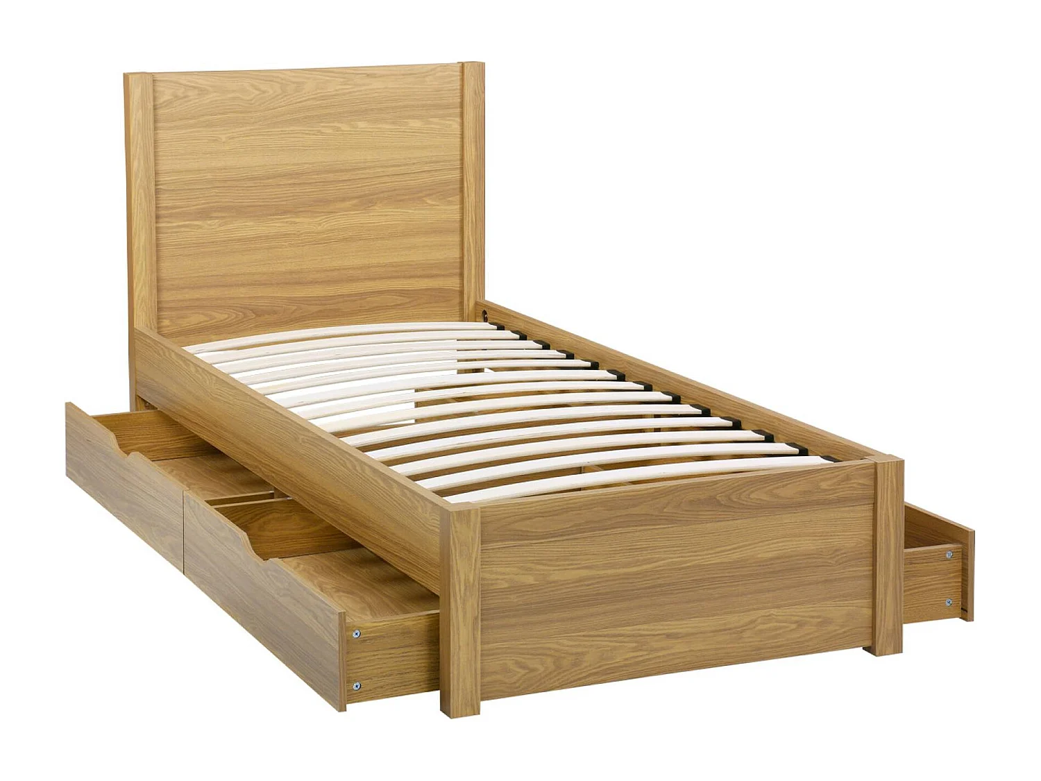 Cama con somier de láminas y cabecero, 90cm + 4 cajones decorativos de