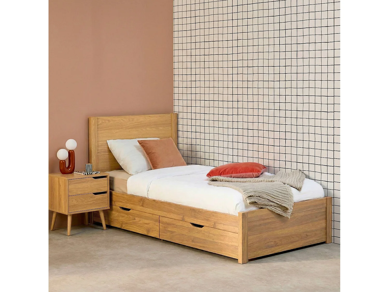 Letto con rete a doghe e testiera 90x190cm + 4 cassetti, marrone