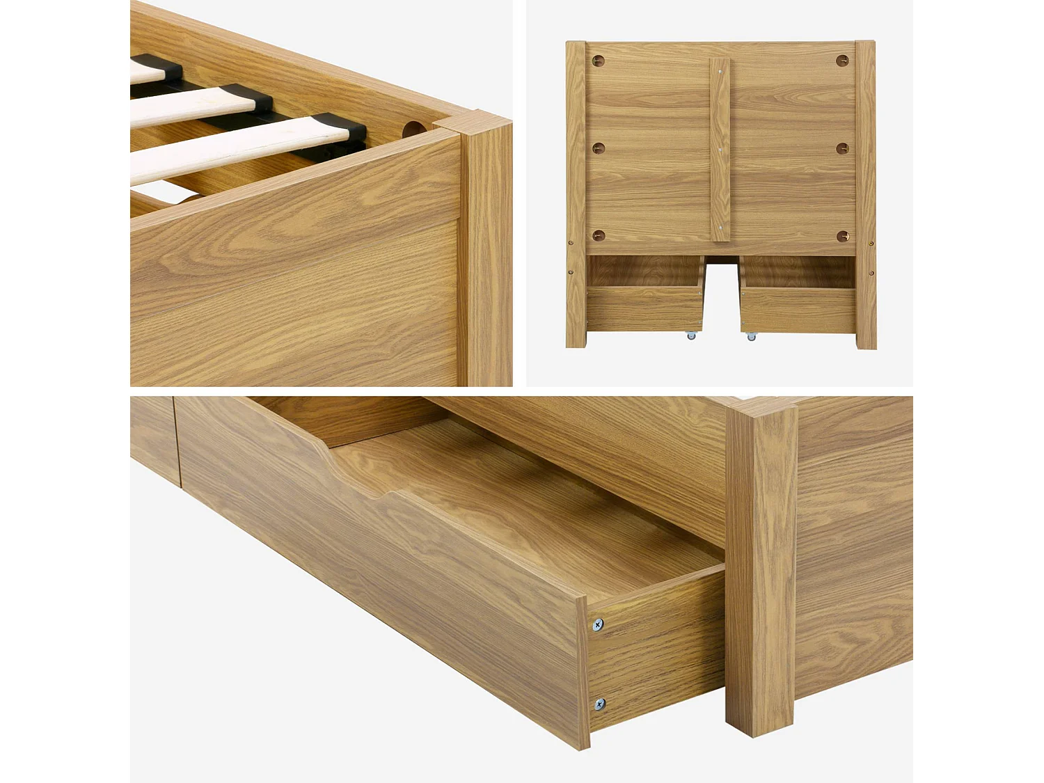 Letto con rete a doghe e testiera 90x190cm + 4 cassetti, marrone