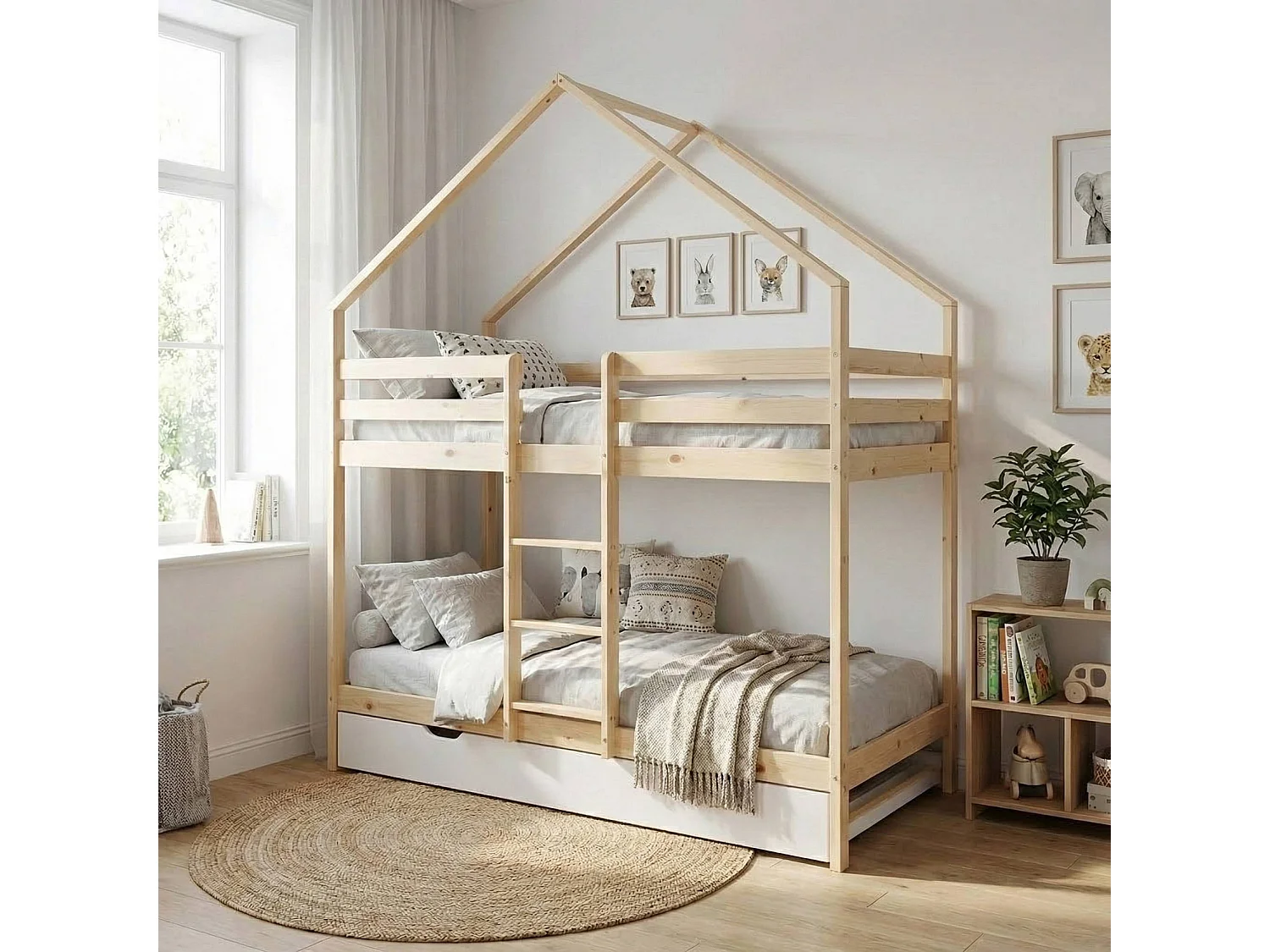 Litera infantil 190cm en pino natural estilo cabaña con somier y cajón