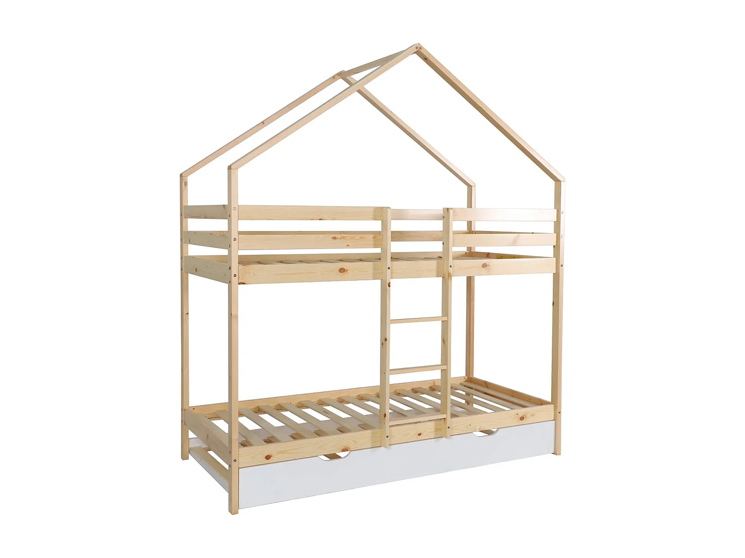 Litera infantil 190cm en pino natural estilo cabaña con somier y cajón