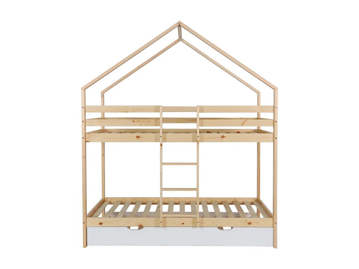 Litera infantil 190cm en pino natural estilo cabaña con somier y cajón