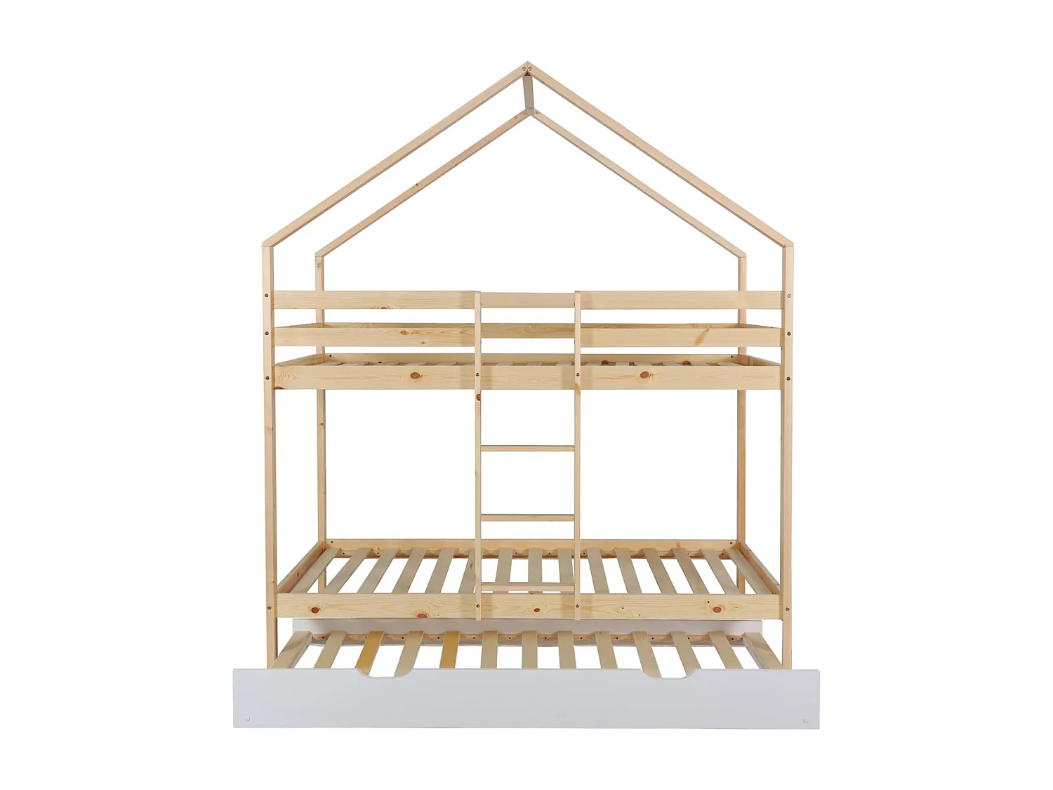 Litera infantil 190cm en pino natural estilo cabaña con somier y cajón
