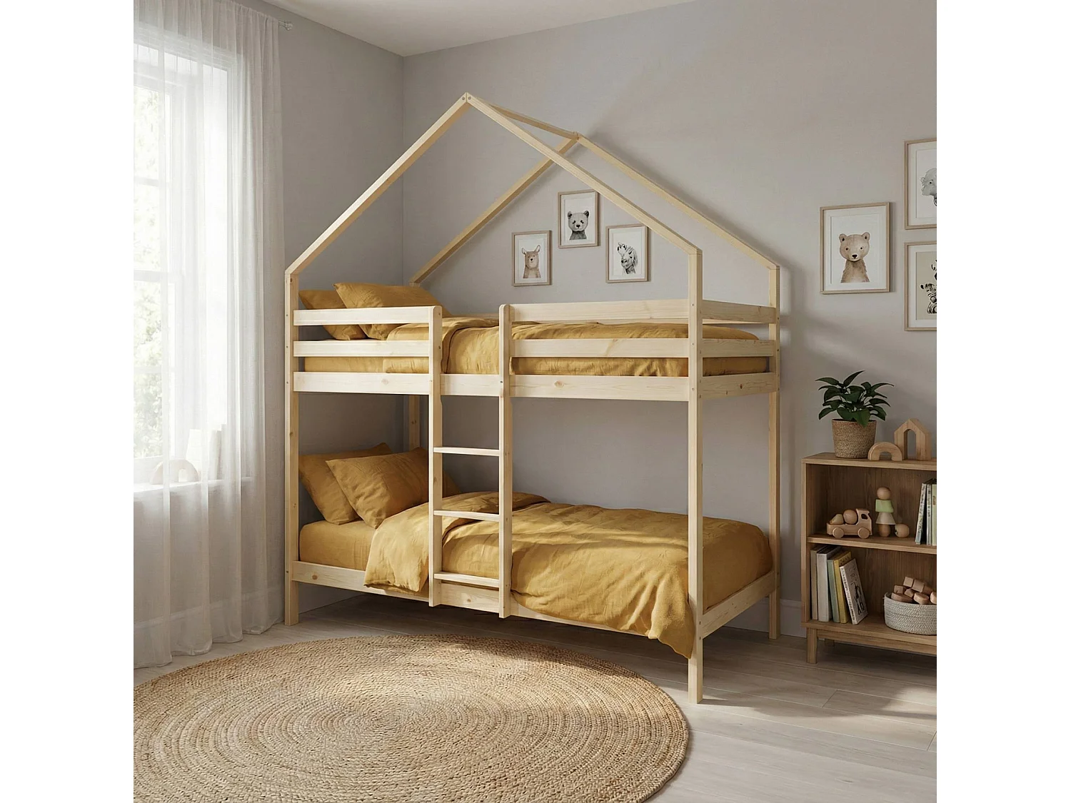 Litera infantil cabaña de pino natural, 90cm natural