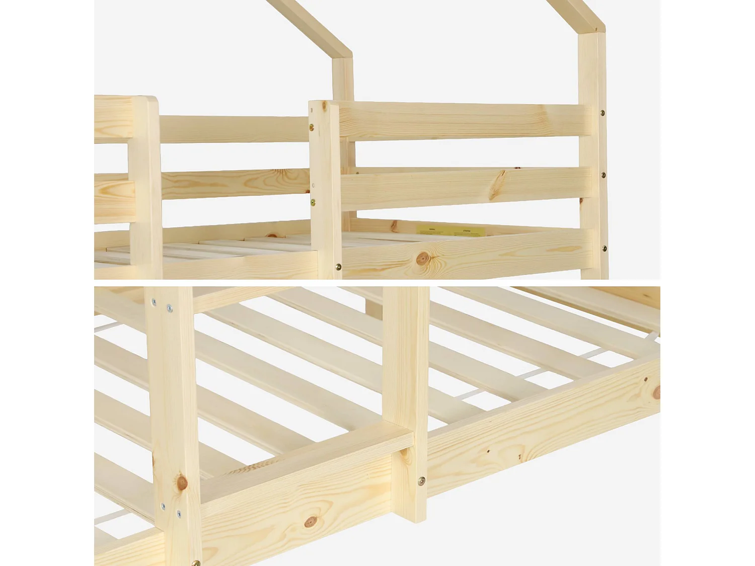Lit enfant superposé cabane 90 x 190 cm pin naturel sommier à lattes inclus - Roya