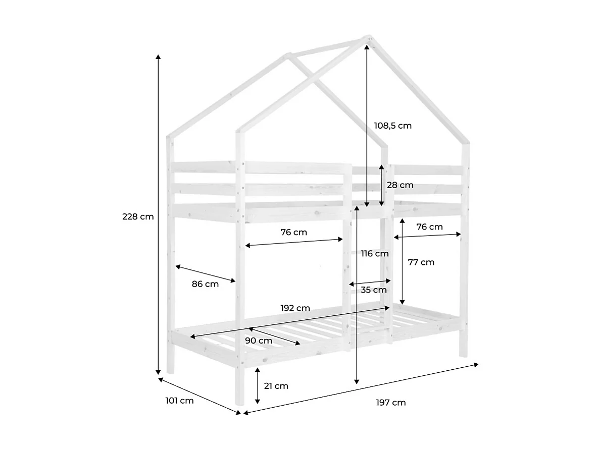 Lit enfant superposé cabane 90 x 190 cm pin naturel sommier à lattes inclus - Roya