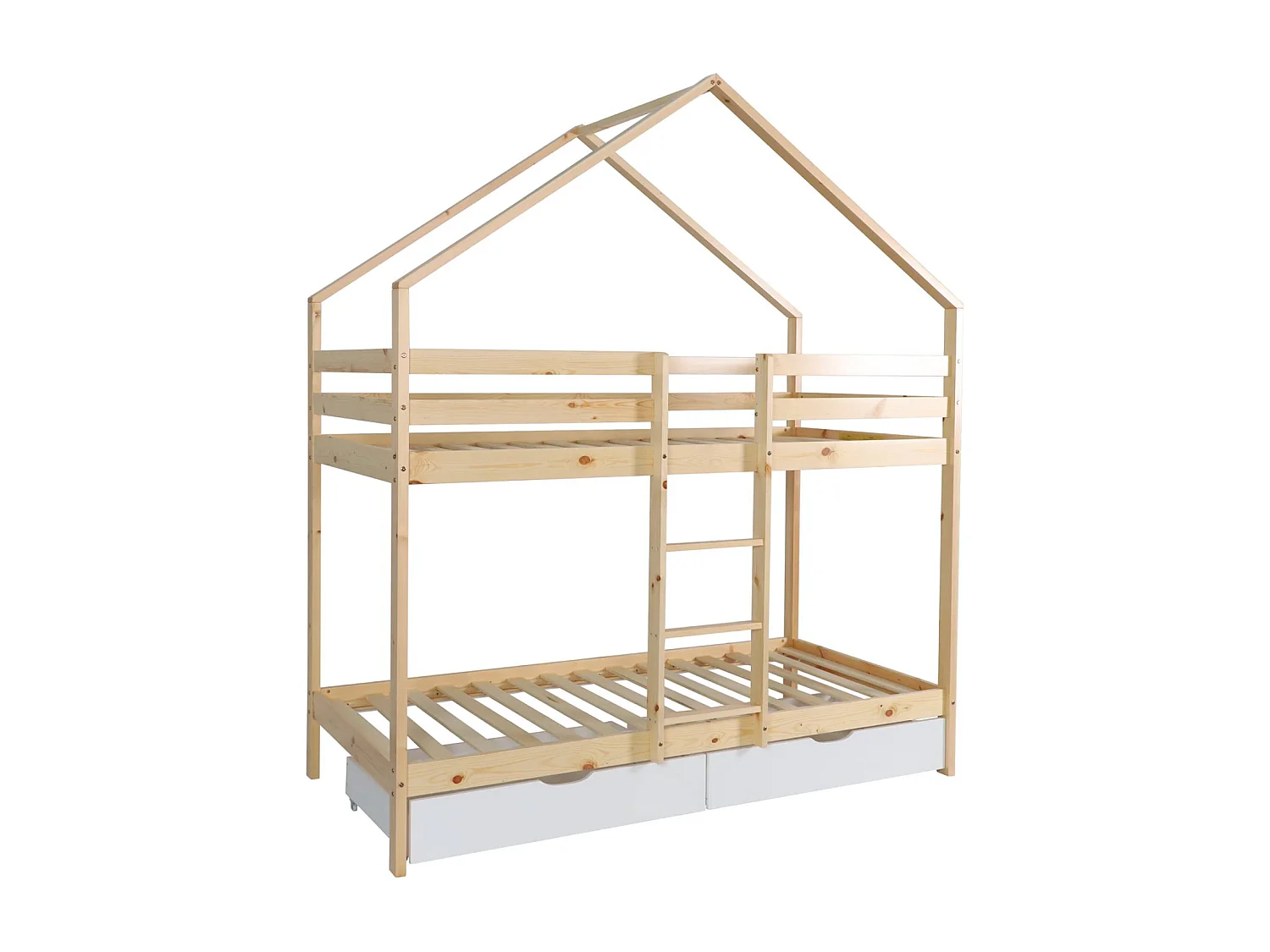 Litera infantil cabaña pino natural somier de láminas y cajones, 190cm