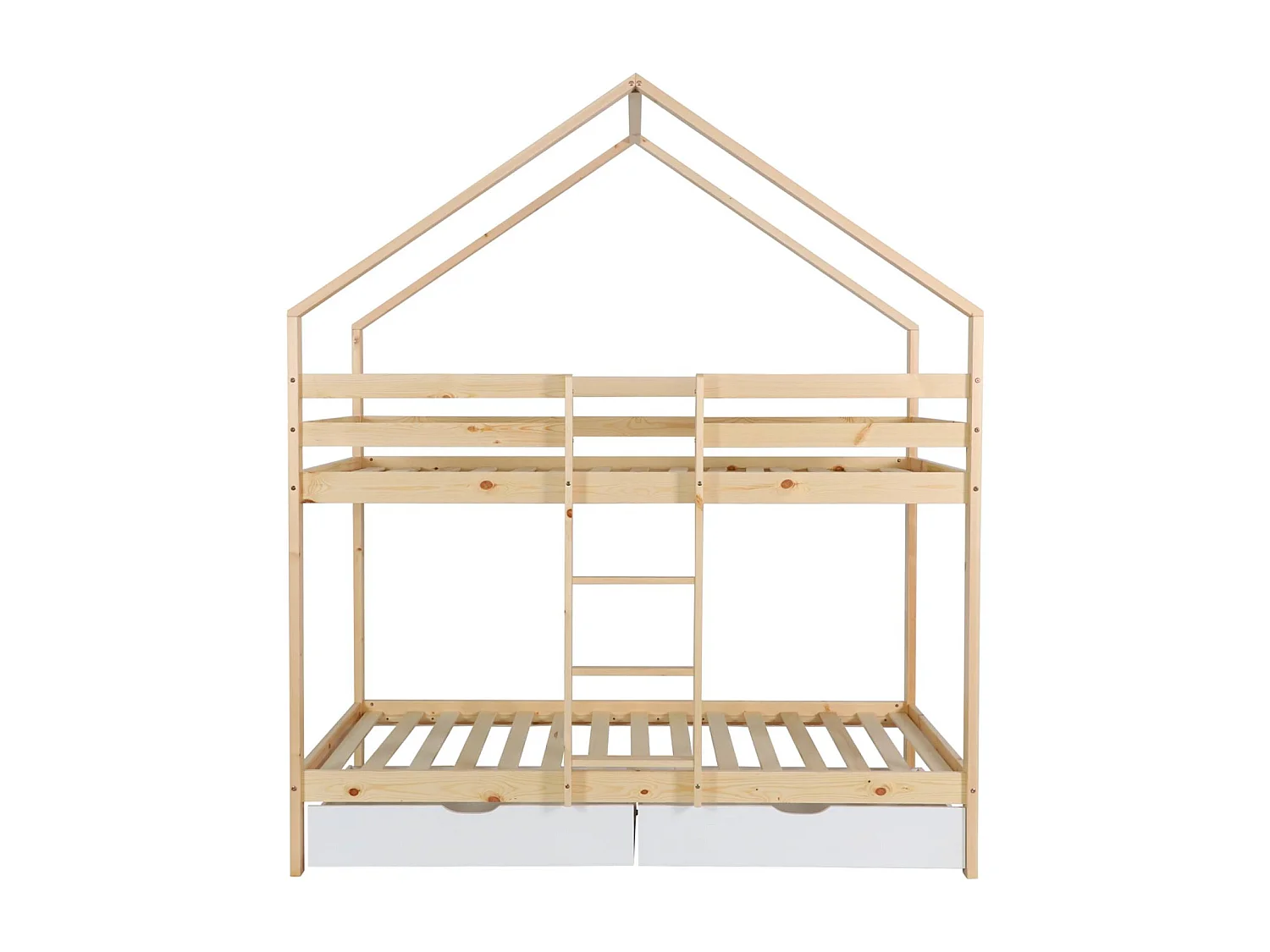 Litera infantil cabaña pino natural somier de láminas y cajones, 190cm