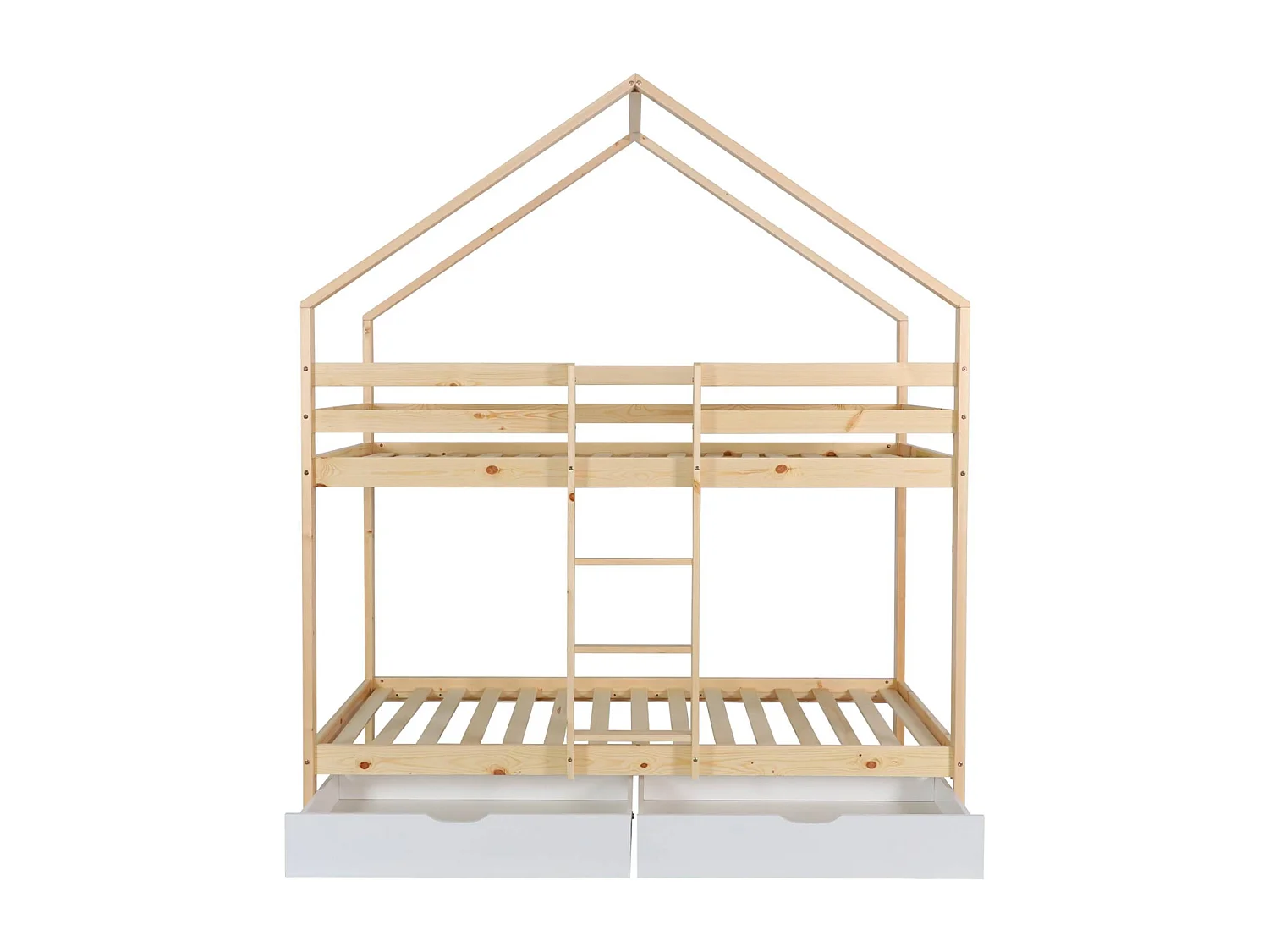 Litera infantil cabaña pino natural somier de láminas y cajones, 190cm