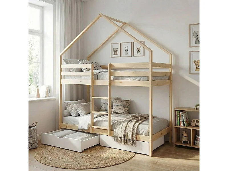 Cama infantil 190cm litera cabaña pino natural somier de láminas y
