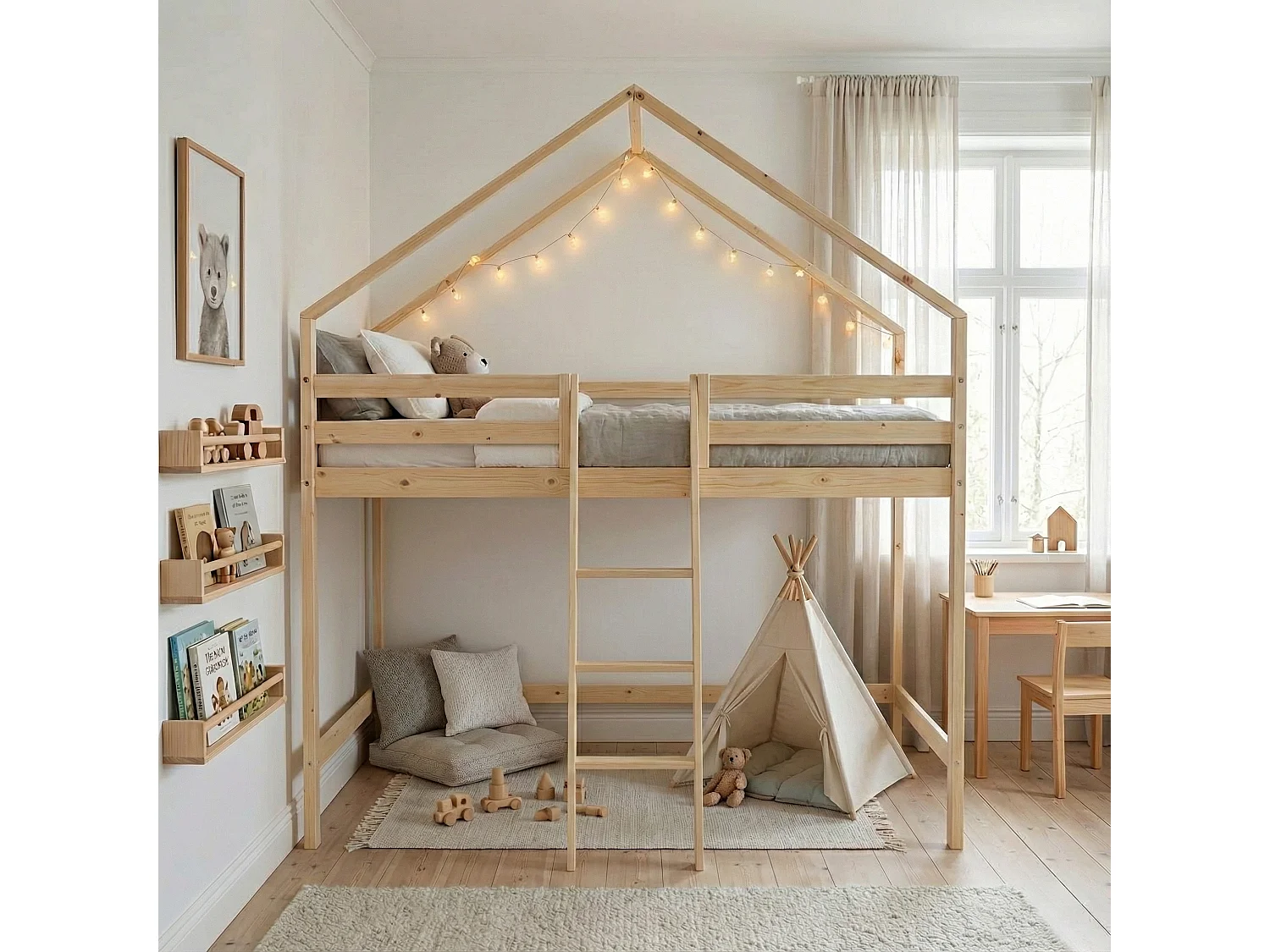 Cama infantil elevada cabaña de pino natural, 90cm natural