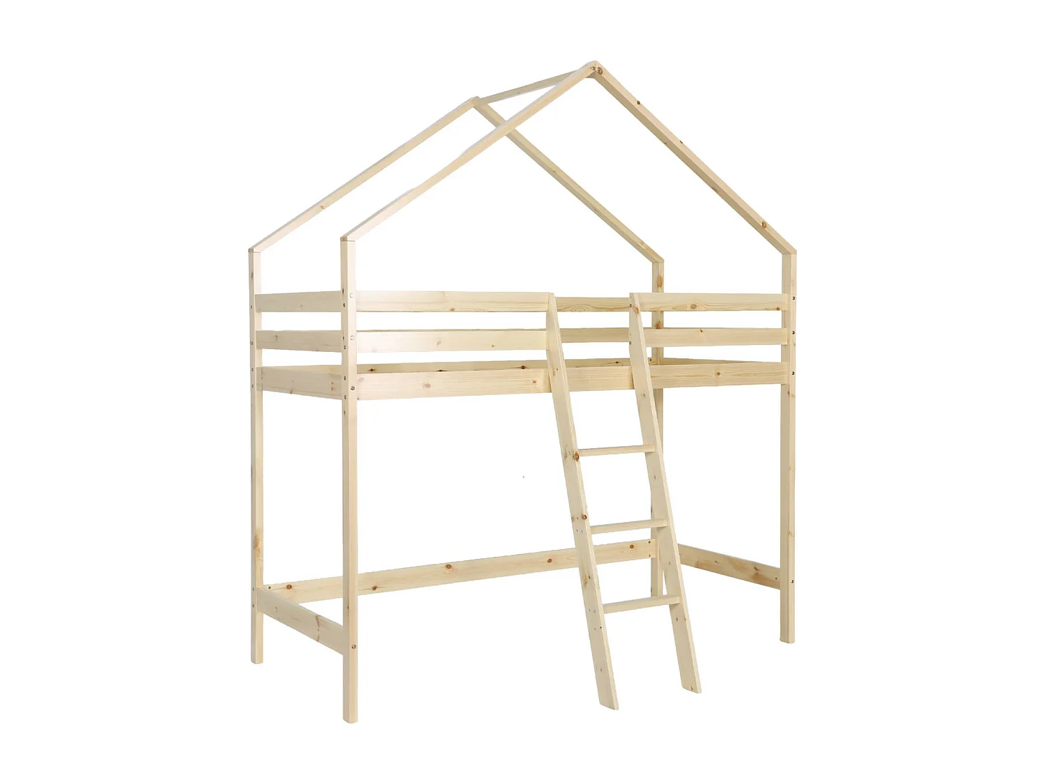Cama infantil elevada cabaña de pino natural, 90cm natural