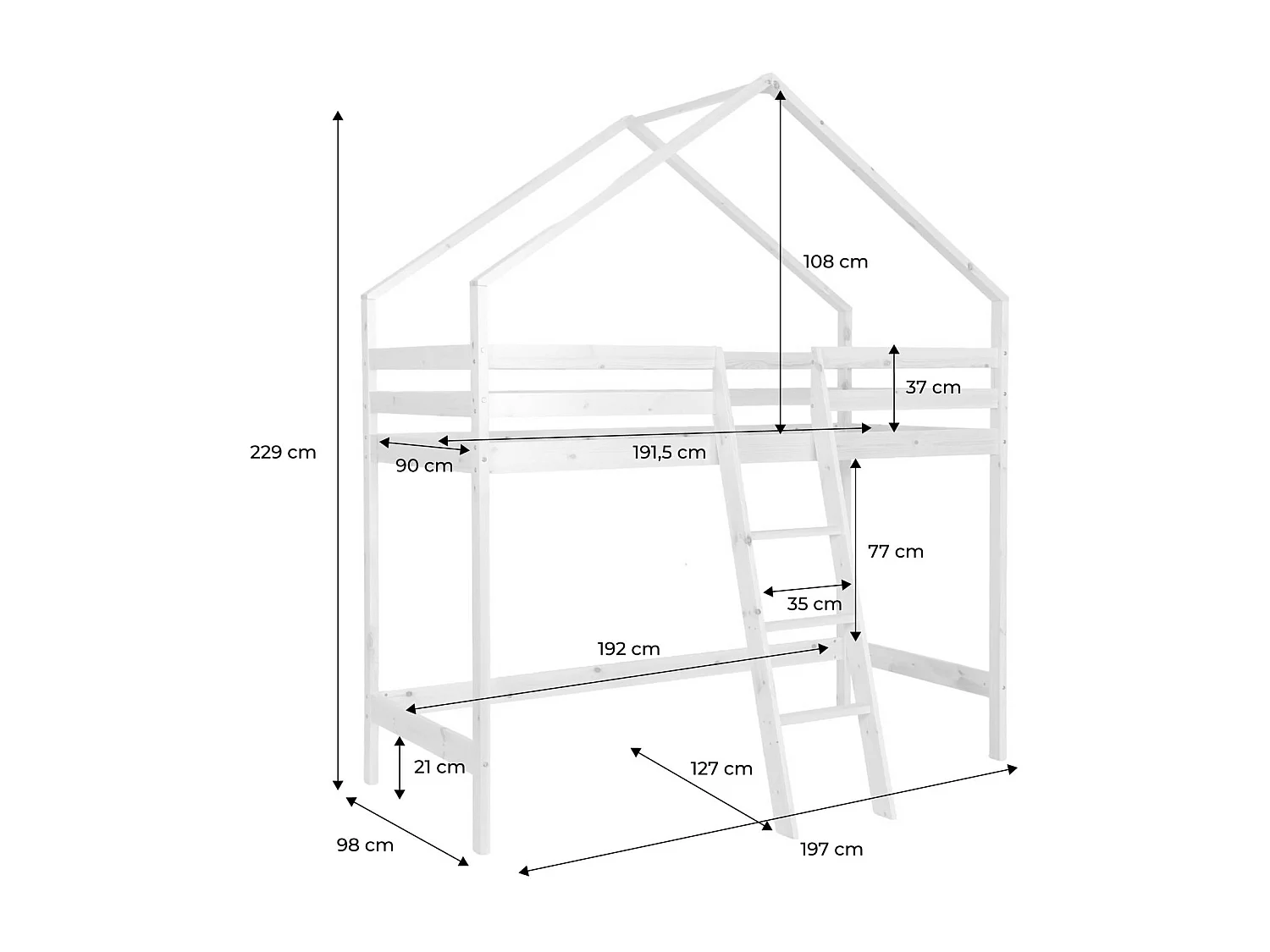 Cama infantil elevada cabaña de pino natural, 90cm natural