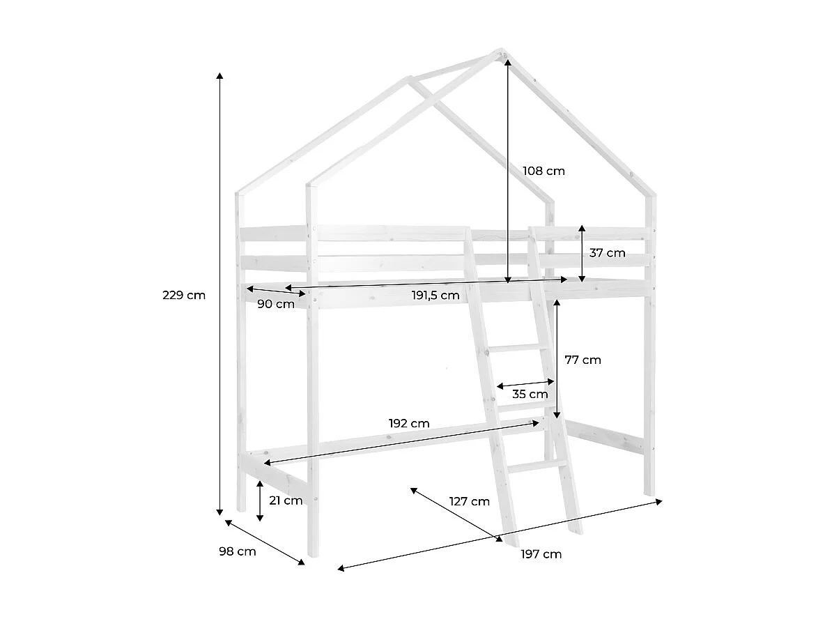 Cama infantil elevada cabaña de pino natural, 90cm natural