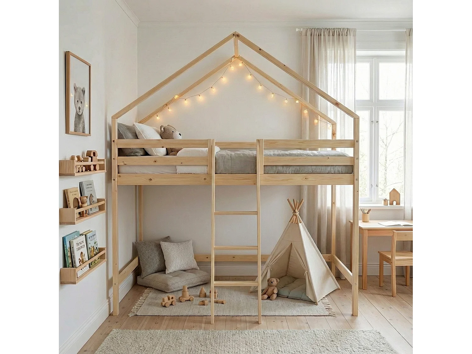 Cama infantil elevada cabaña de pino natural, 90cm natural