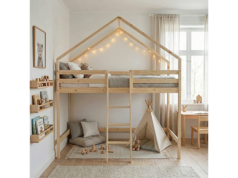 Letto a soppalco per bambini cabina 190cm in pino naturale, marrone