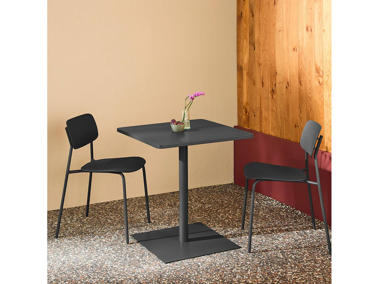 Table de jardin bistrot carré acier + 2 assises 70 cm anthracite - Orea + Liva