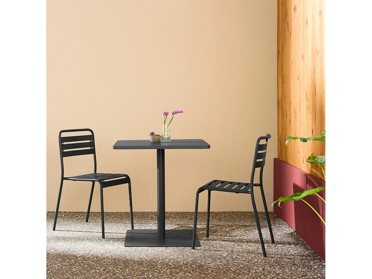 Table de jardin bistrot carré acier + 2 assises 70 cm anthracite - Orea + Amélia