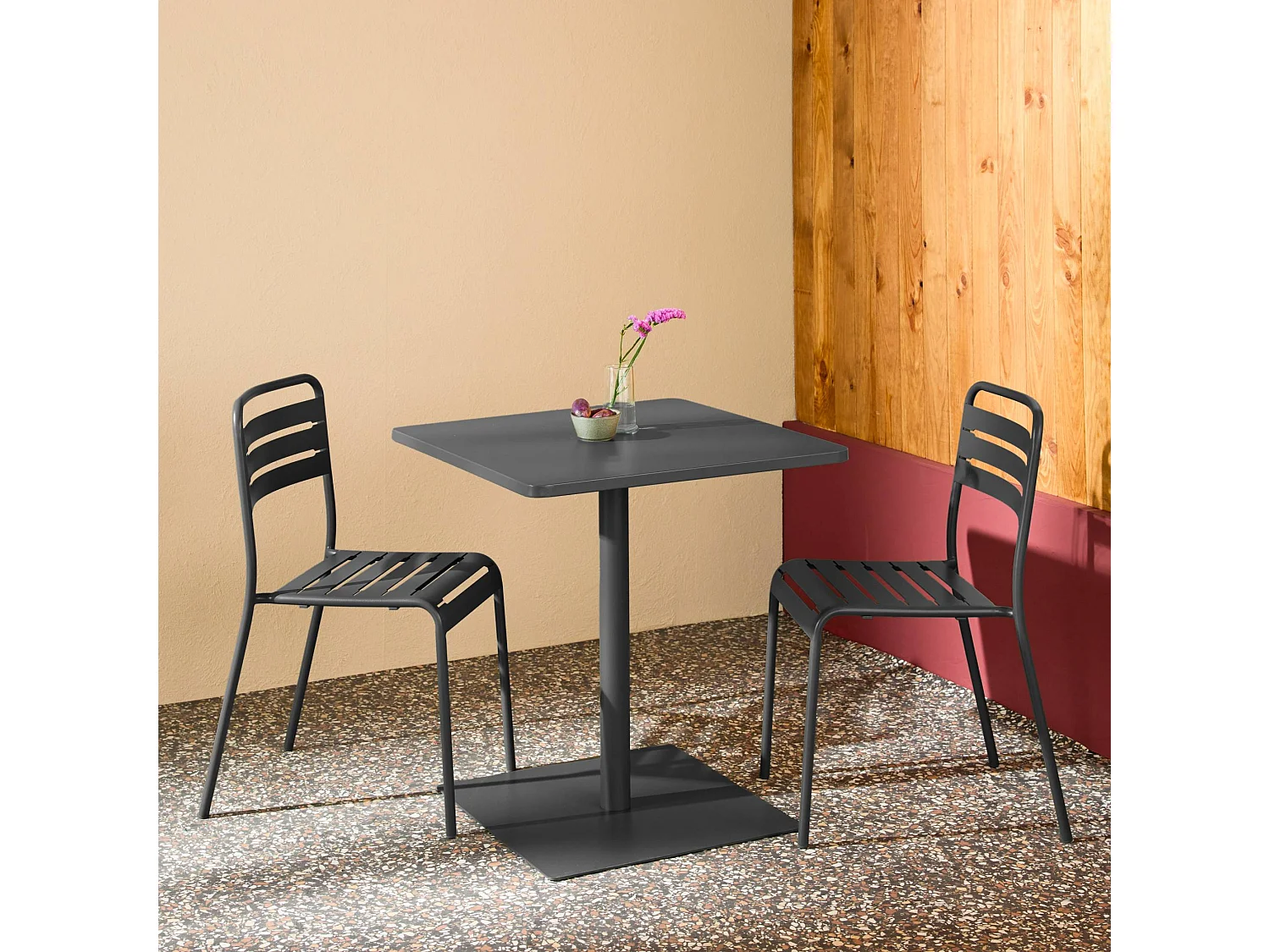Table de jardin bistrot carré acier + 2 assises 70 cm anthracite - Orea + Amélia