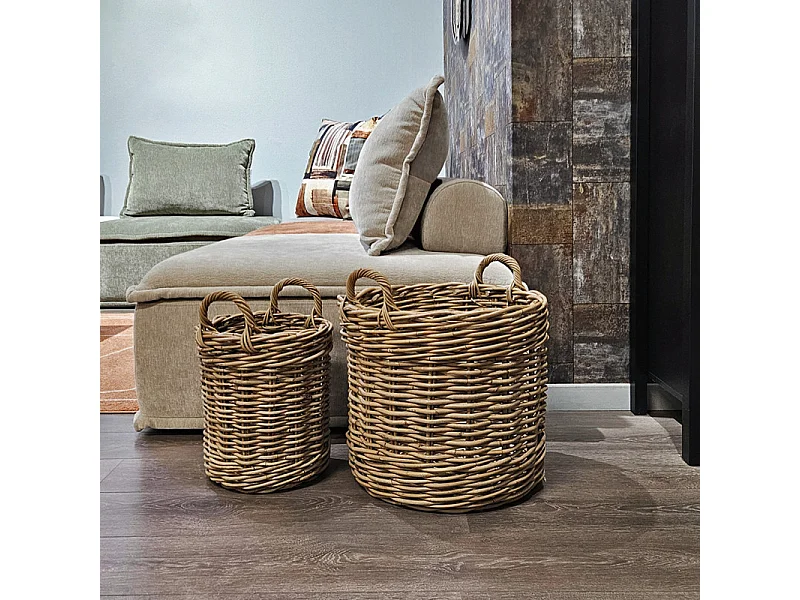 Petit panier rond H. 41 cm avec anses en kubu naturel tressé - INAYA
