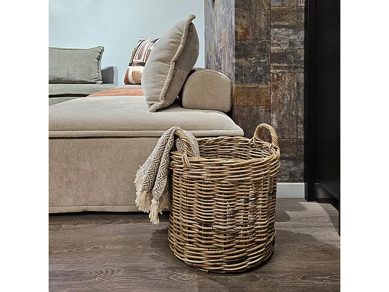 Panier rond H. 43 cm avec anses en kubu naturel tressé - INAYA