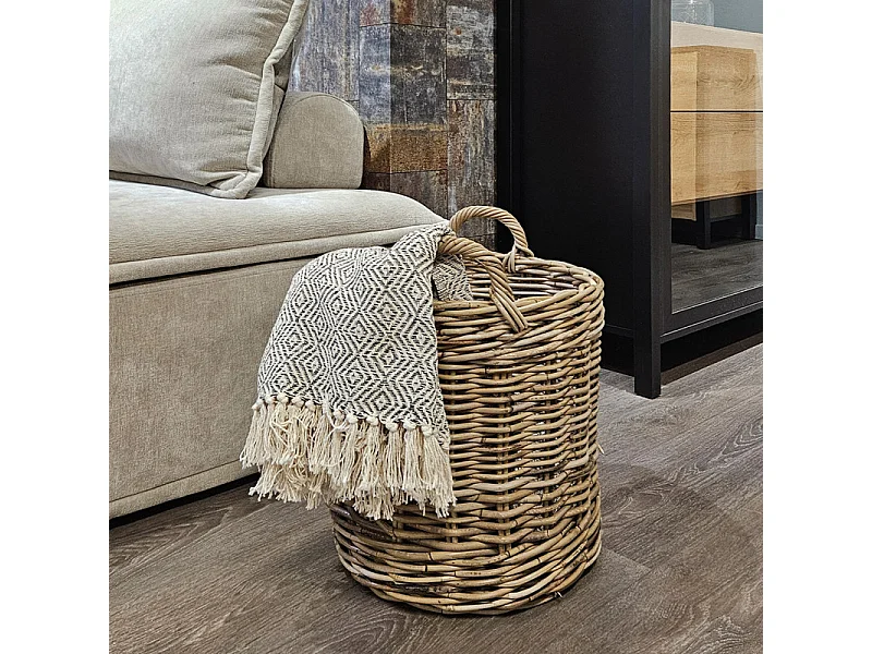 Panier rond H. 43 cm avec anses en kubu naturel tressé - INAYA