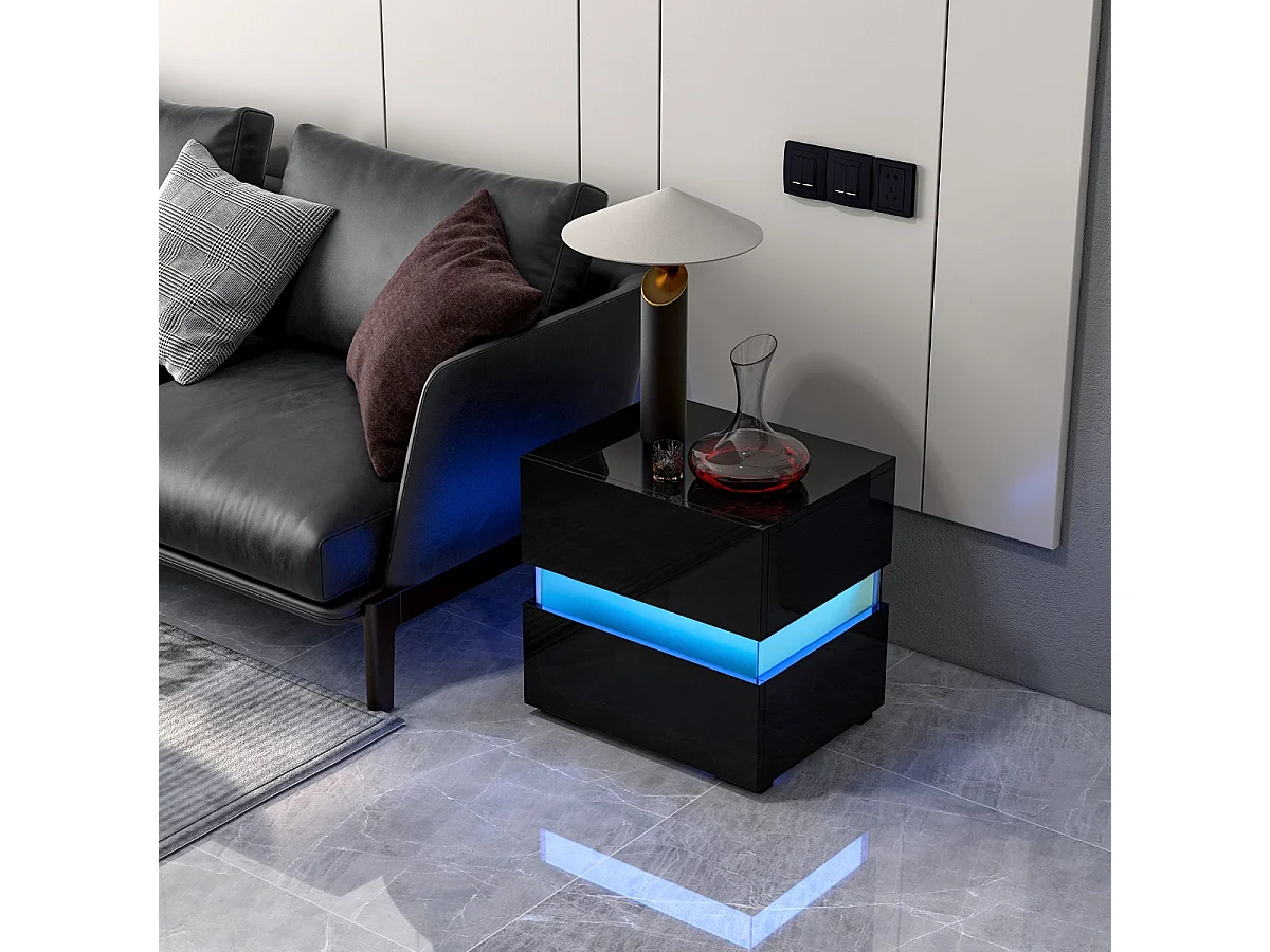 Nachttisch 2er Set LED Nachtkästchen Hochglanz Nachtschrank Nachtkommode mit 2 Schubladen Schwarz