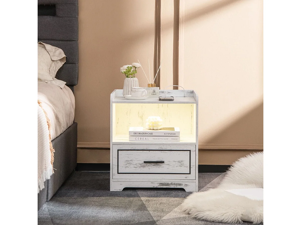 LED-Nachttisch Intelligenter Nachtschrank mit 2 USB-Anschlüssen Weiß