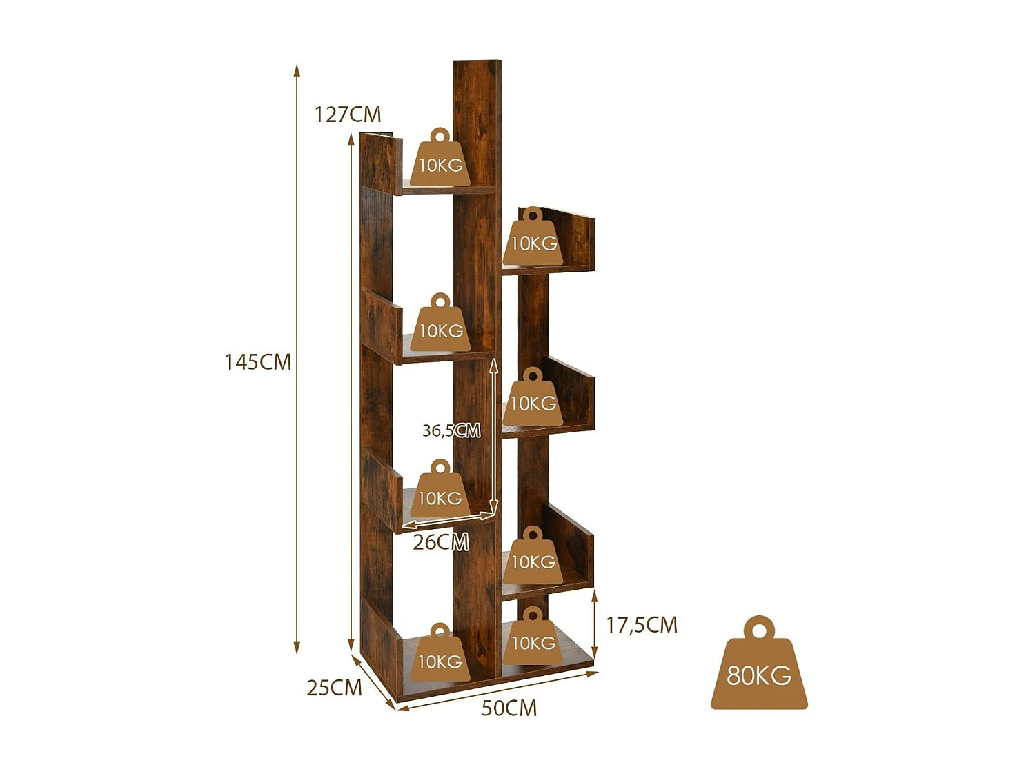 Bücherregal im Baumform mit 8 Fächern Standregal Aufbewahrungsregal 50 x 25 x 145 cm