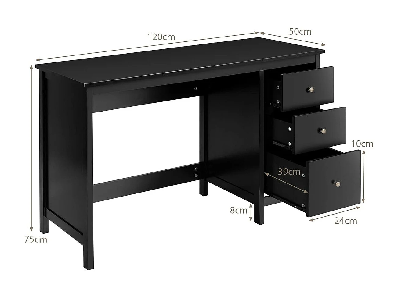 Bureau Informatique Table d'Ordinateur 120 x 50 x75 cm Spacieux avec 3 Tiroirs Style Moderne Coloris Noir