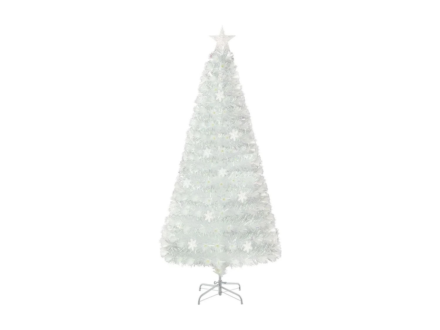 Sapin de Noël Artificiel à Fibre Optique Pré-Éclairé 180cm Blanc avec Feuilles Irisées Lumières Led Flocon De Neige Multicolores