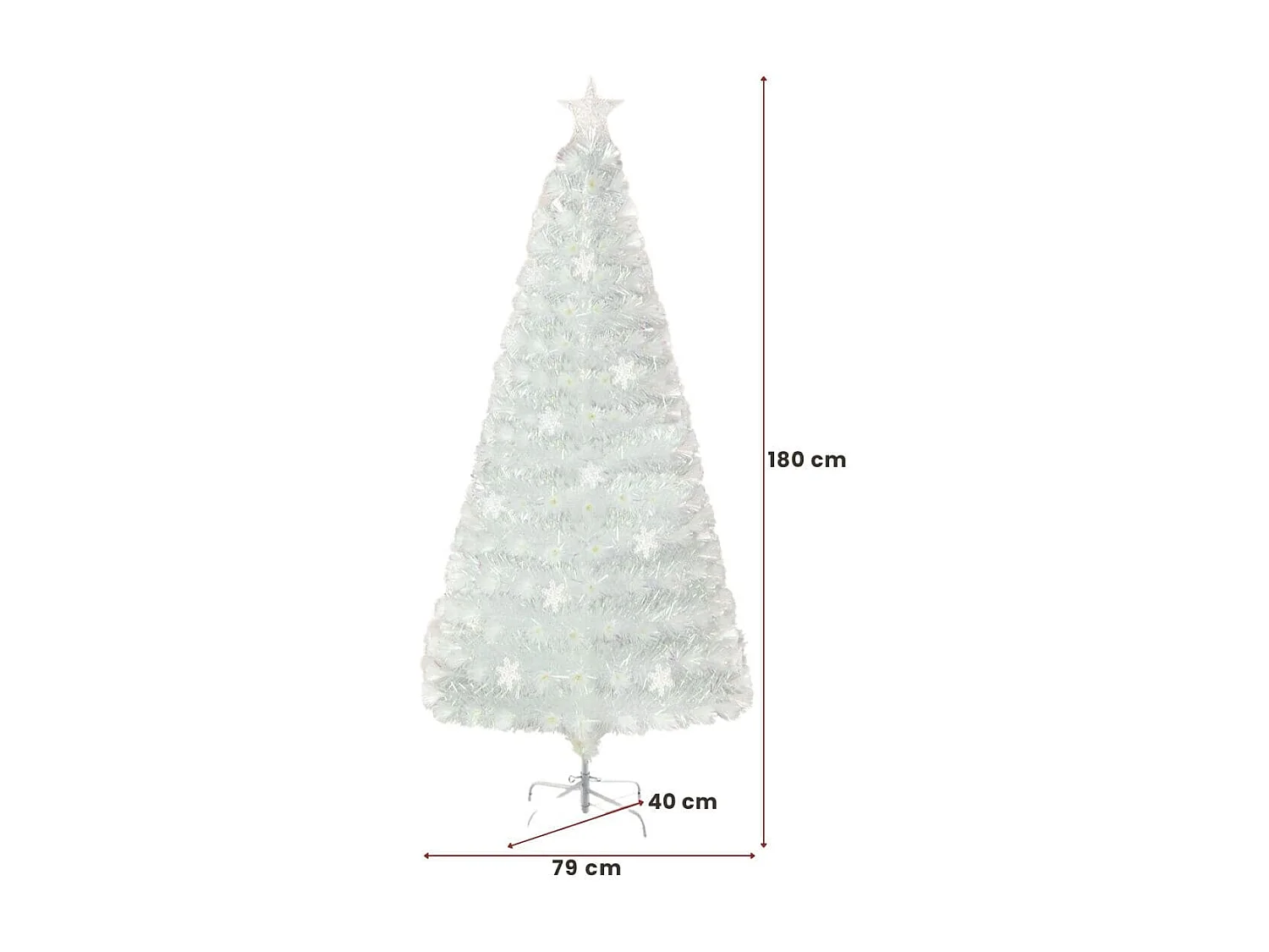 Sapin de Noël Artificiel à Fibre Optique Pré-Éclairé 180cm Blanc avec Feuilles Irisées Lumières Led Flocon De Neige Multicolores