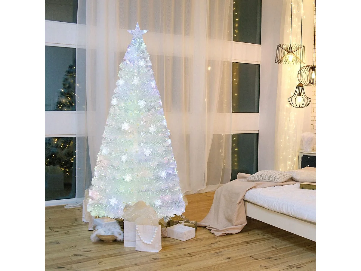 Sapin de Noël Artificiel à Fibre Optique Pré-Éclairé 180cm Blanc avec Feuilles Irisées Lumières Led Flocon De Neige Multicolores
