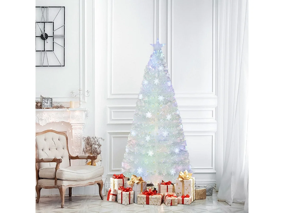 Sapin de Noël Artificiel à Fibre Optique Pré-Éclairé 180cm Blanc avec Feuilles Irisées Lumières Led Flocon De Neige Multicolores